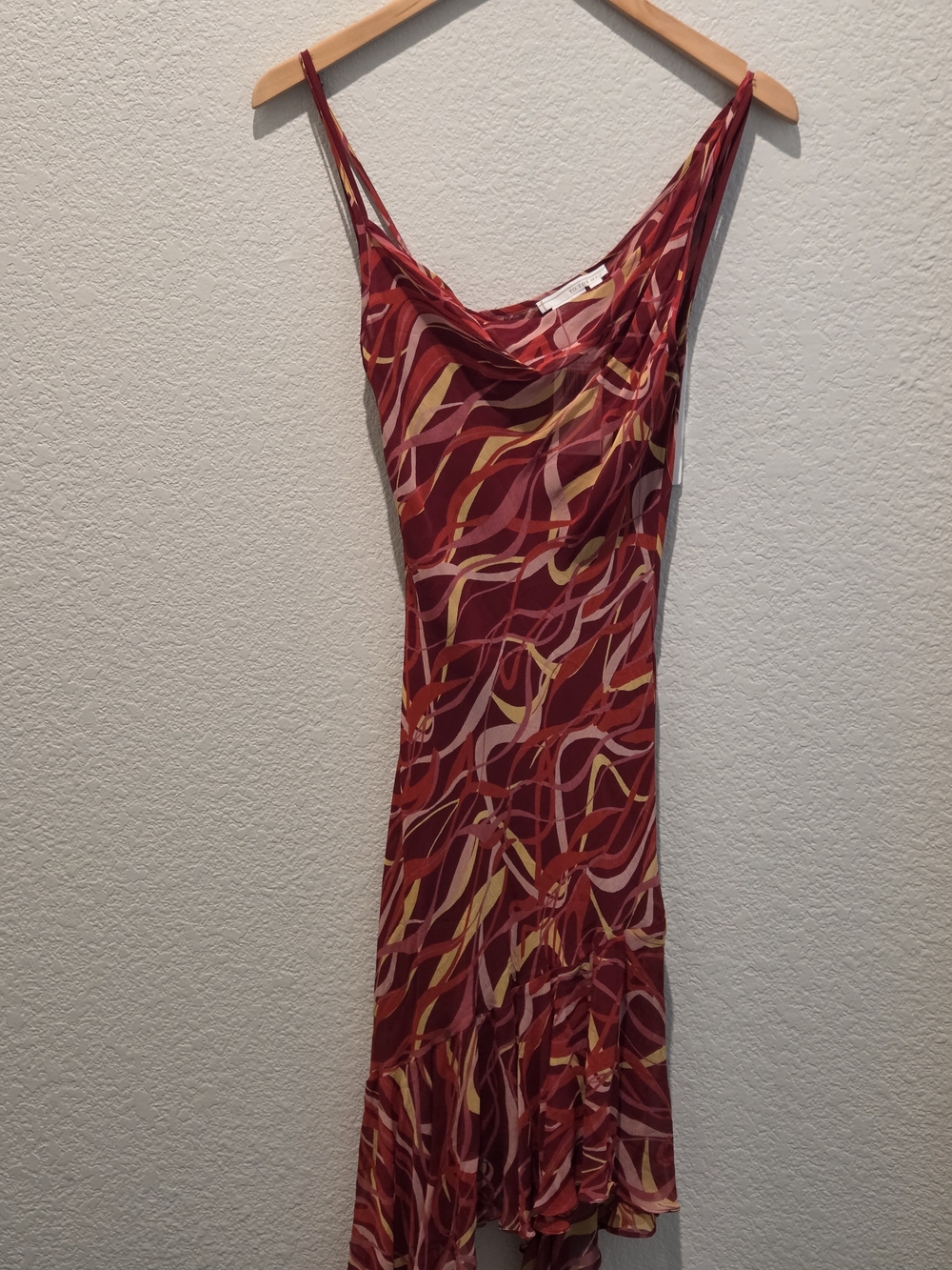BCBG Max Studio Flamenco Style Red Patterned Slip Midi Dress with Yellow Accents